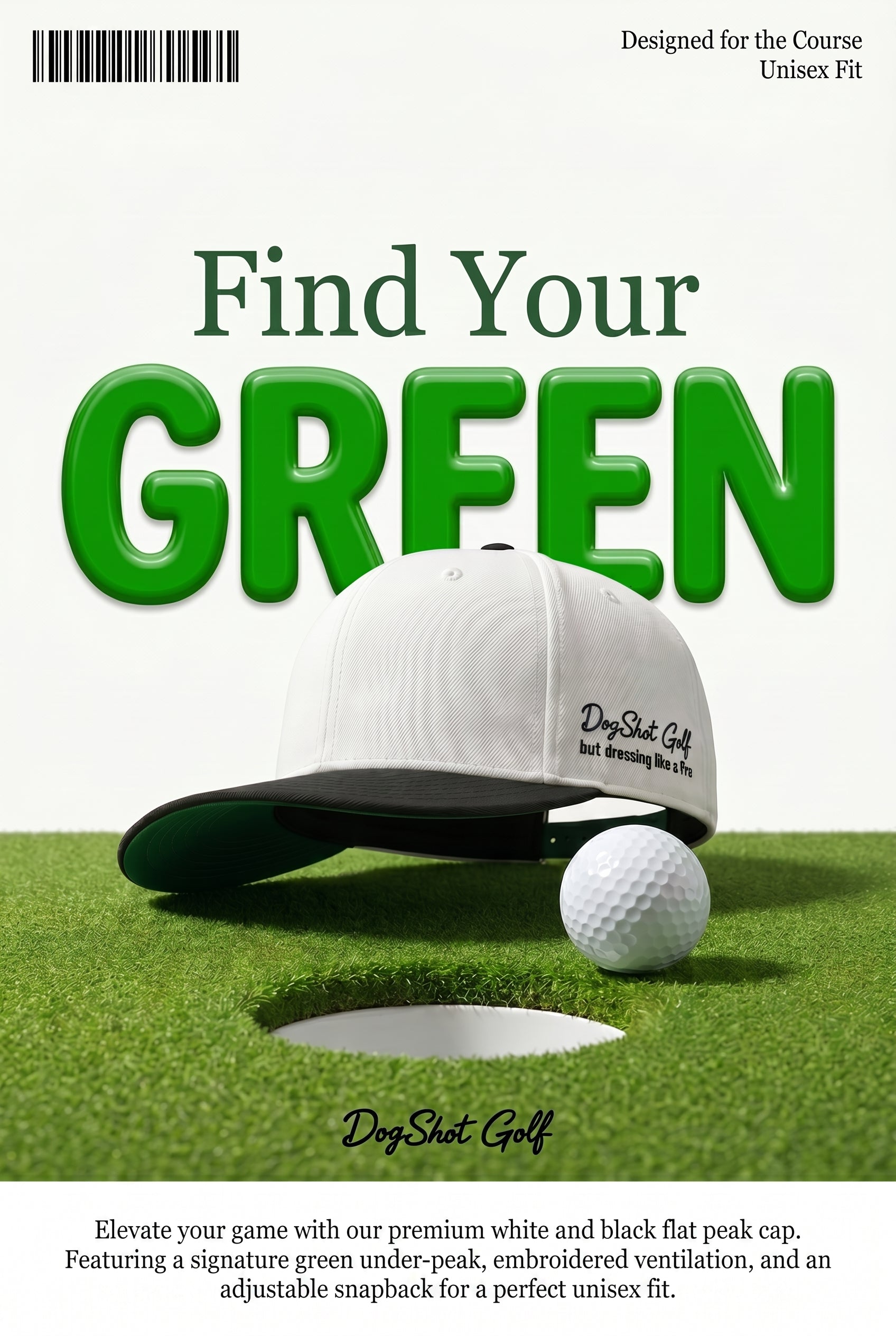 Dog Shot Golf Flat Peak Cap - Snow White with Black Peak and Green Under-bill.