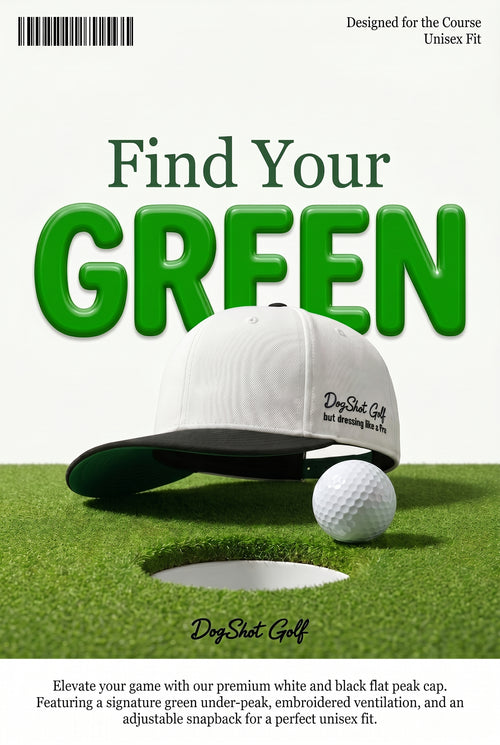 Dog Shot Golf Flat Peak Cap - Snow White with Black Peak and Green Under-bill.