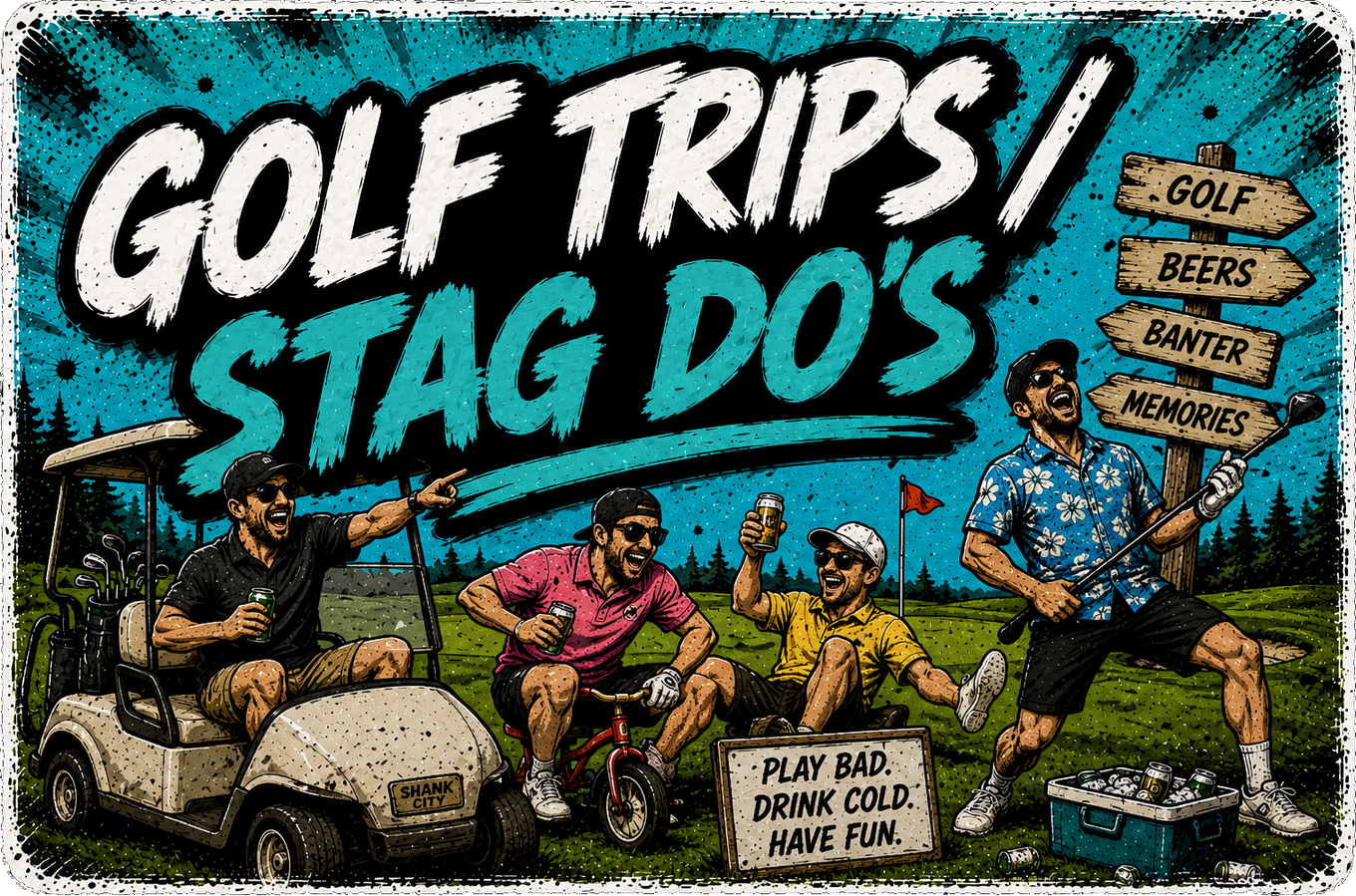 Hand-drawn banner of a golf trip in full swing